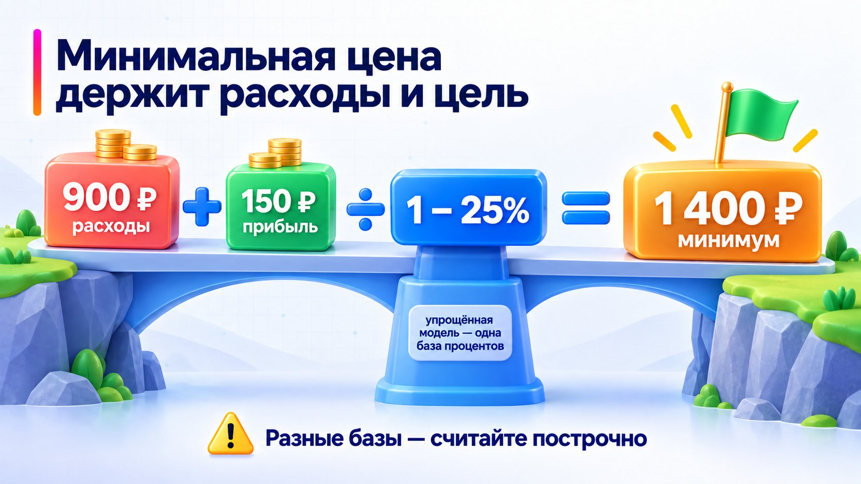 Пример расчёта минимальной цены 1 400 рублей из расходов, целевой прибыли и процентных затрат.