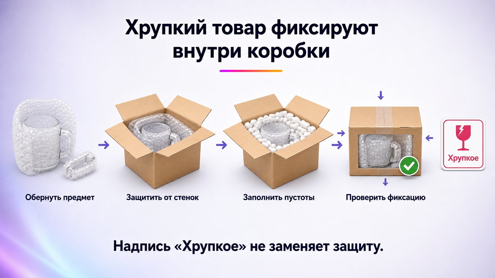 Как упаковать хрупкий товар для Wildberries — Оберните предмет амортизирующим материалом, исключите контакт со стенками, заполните пустоты и проверьте, что внутри ничего не перемещается.
