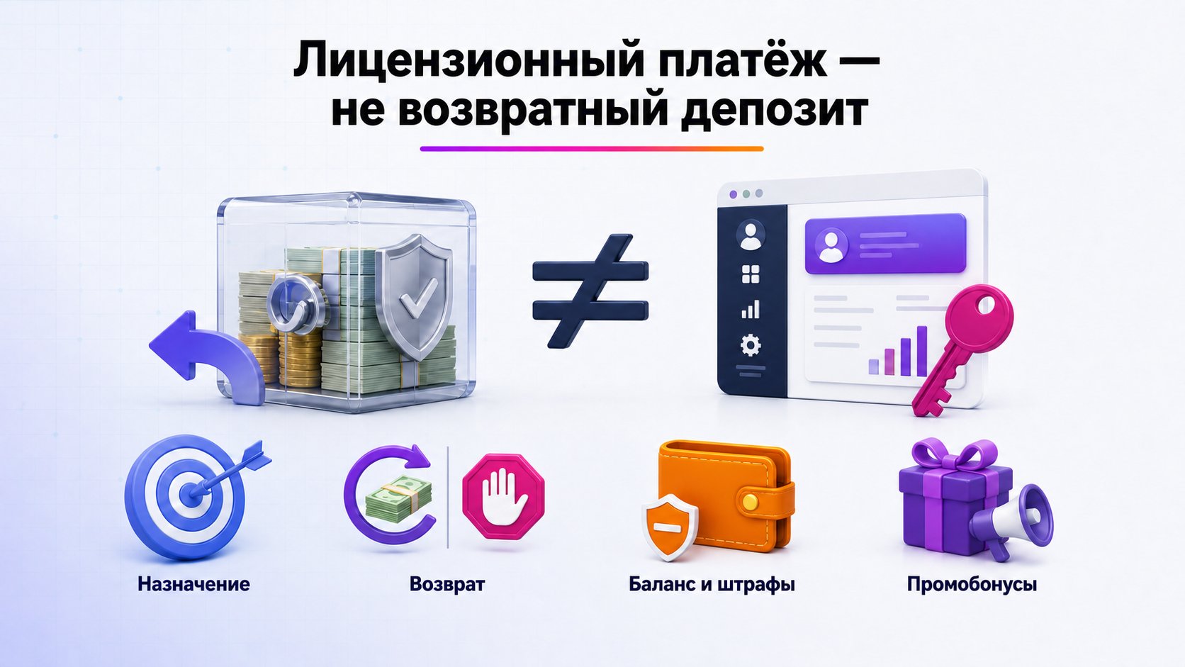 Чем лицензионный платёж отличается от гарантийного взноса — Это плата за право пользоваться кабинетом, а не обеспечительный депозит, баланс или резерв на штрафы.
