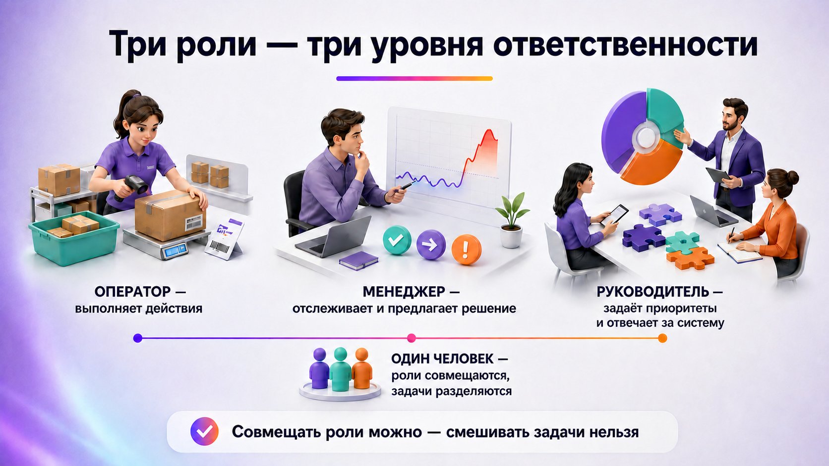Чем менеджер отличается от оператора кабинета и руководителя направления — Оператор выполняет, менеджер анализирует и предлагает действие, руководитель управляет системой и приоритетами.