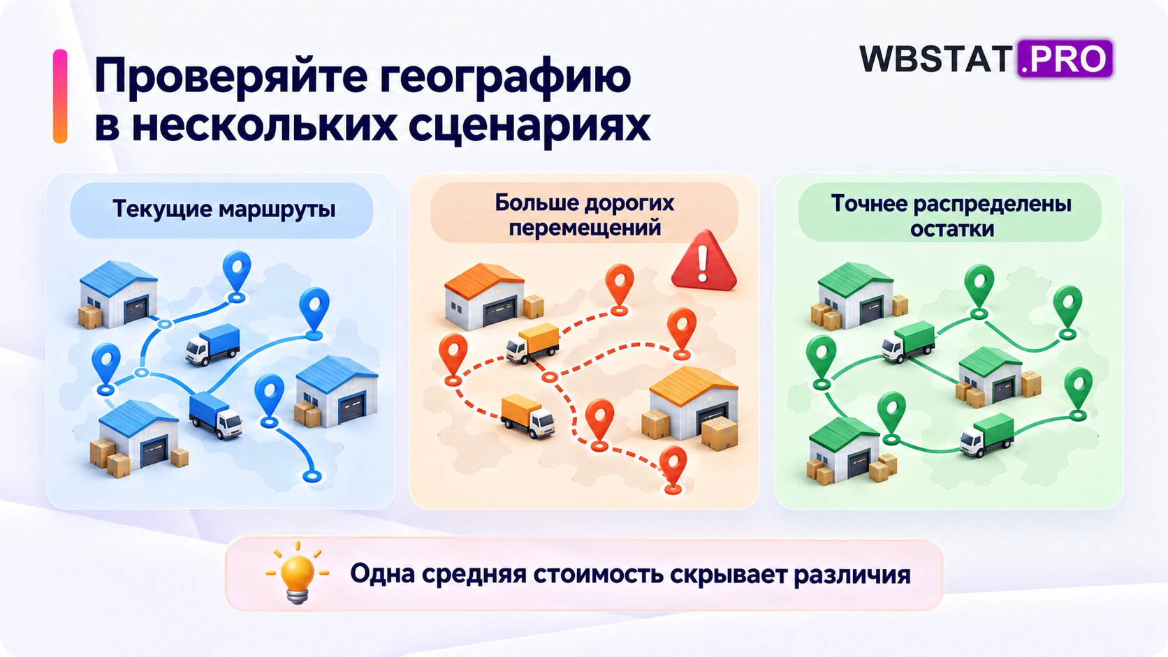 Текущая, неблагоприятная и улучшенная география доставки как сценарии без постоянного среднего тарифа.