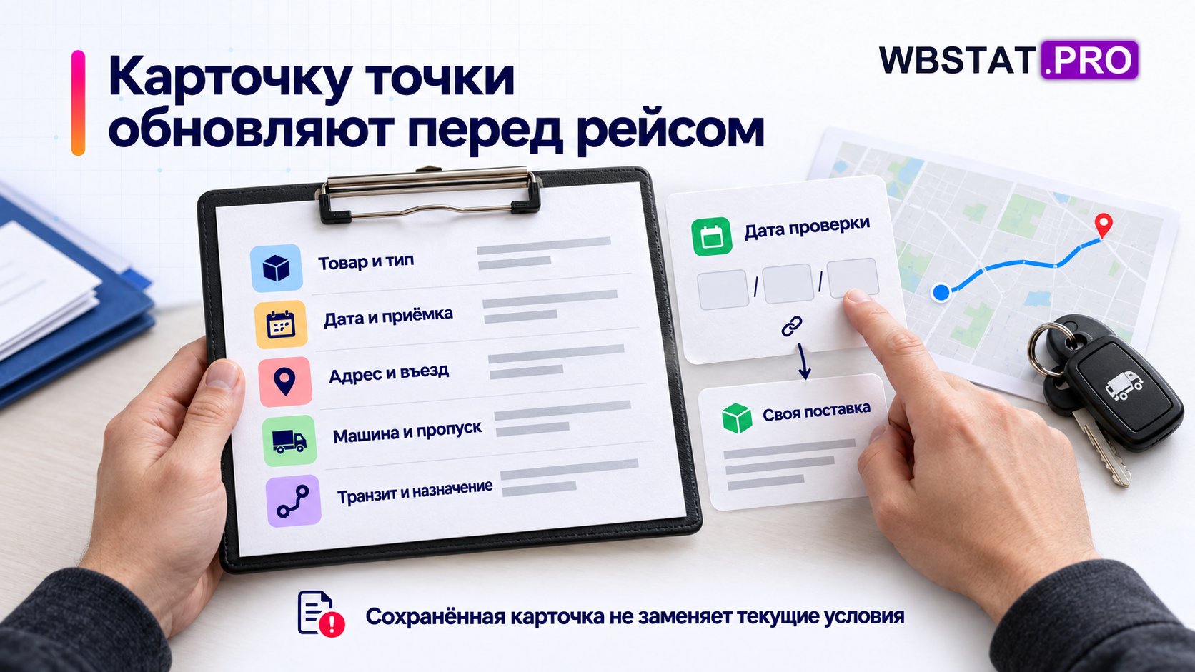 Рабочая карточка точки должна иметь дату проверки и связь с поставкой.; Условия по грузу, времени, въезду, машине и назначению могут измениться.