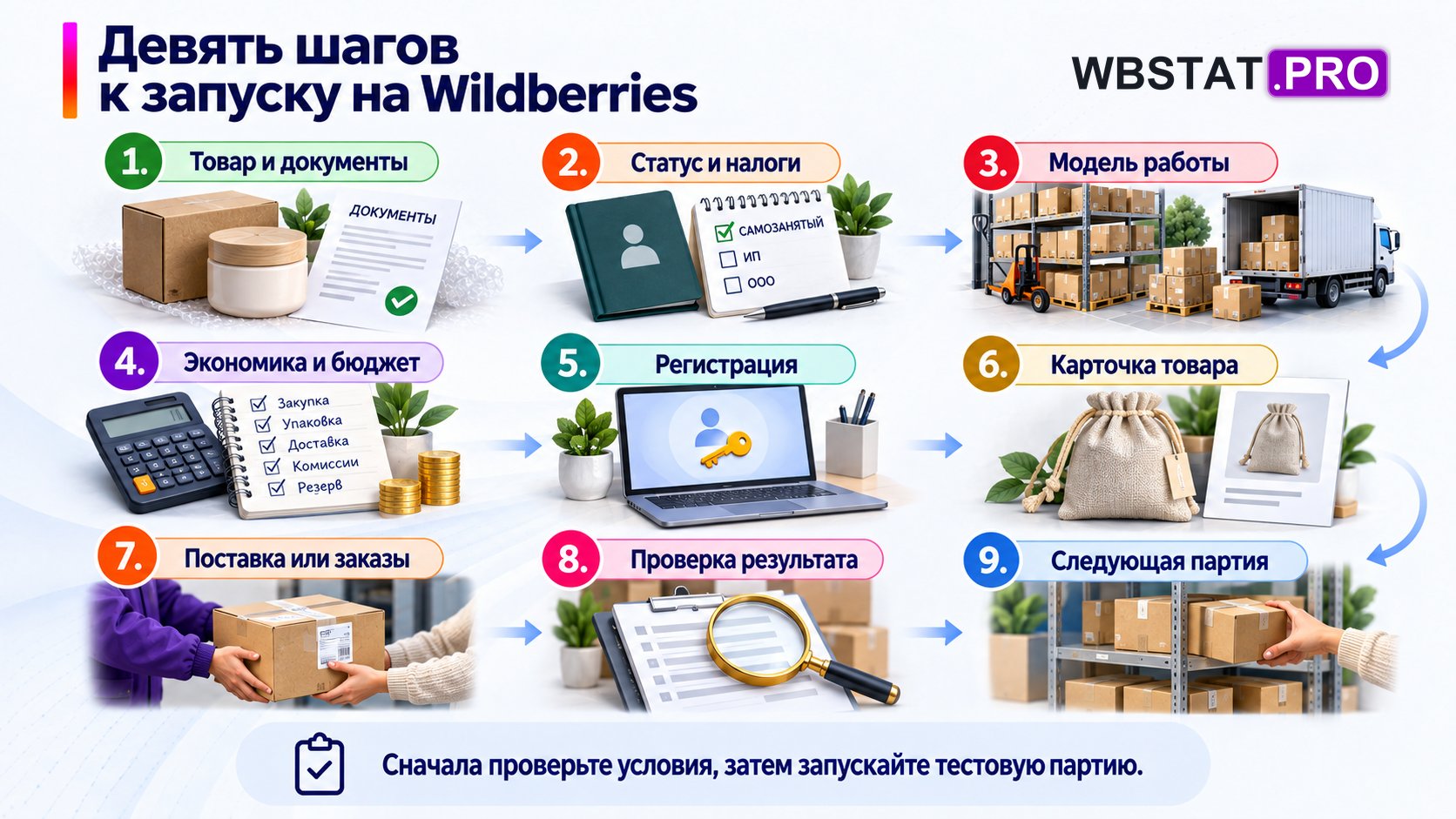 Девять шагов запуска на Wildberries: от проверки товара до следующей партии.