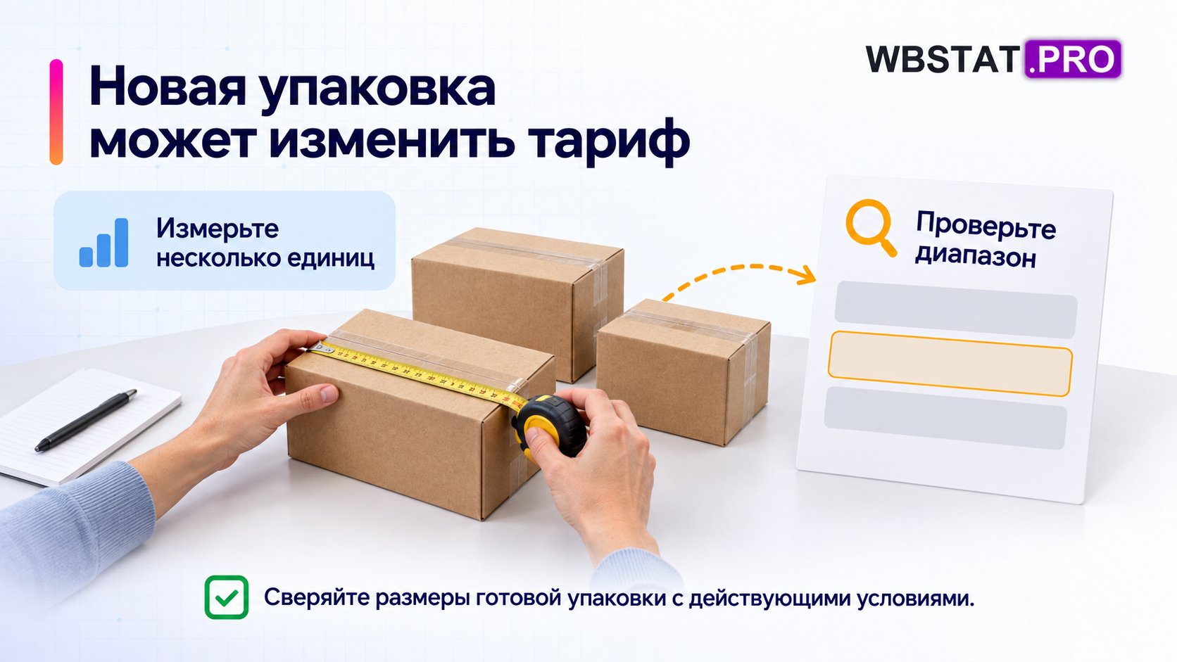 Измерение нескольких упаковок перед проверкой тарифного диапазона.