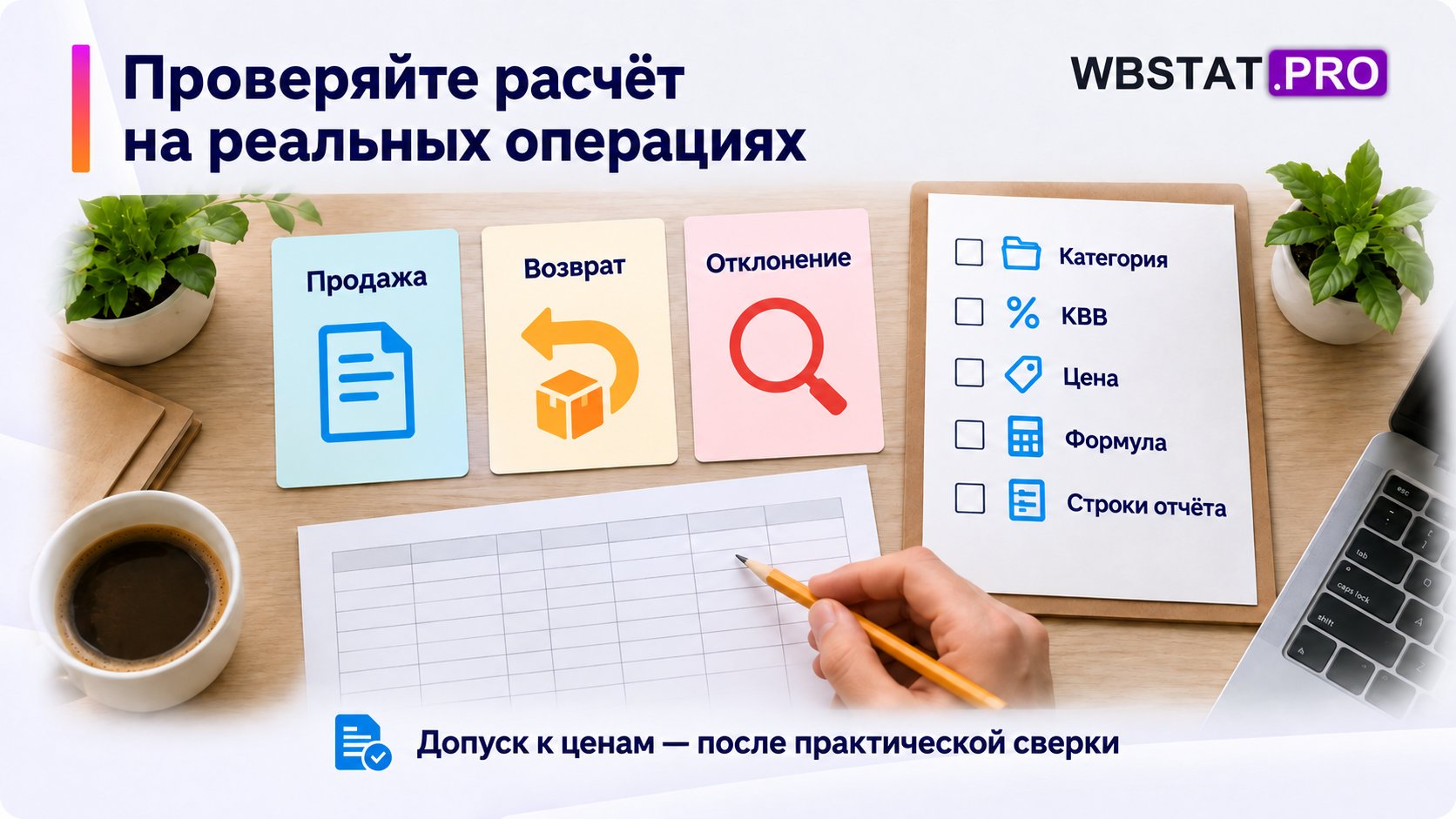 Менеджер должен сверить продажу, возврат и отклонение и показать категорию, КВВ, цену, формулу и строки отчёта.