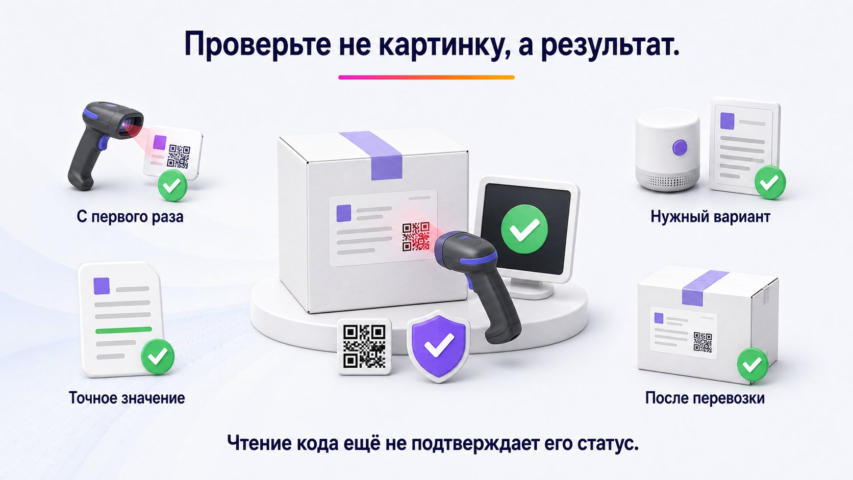 Как проверить код перед поставкой — Проверьте образцы из разных частей тиража складским сканером на реальной упаковке: код должен читаться сразу, возвращать точное значение, вести к нужному варианту и сохранять читаемость после перевозки.