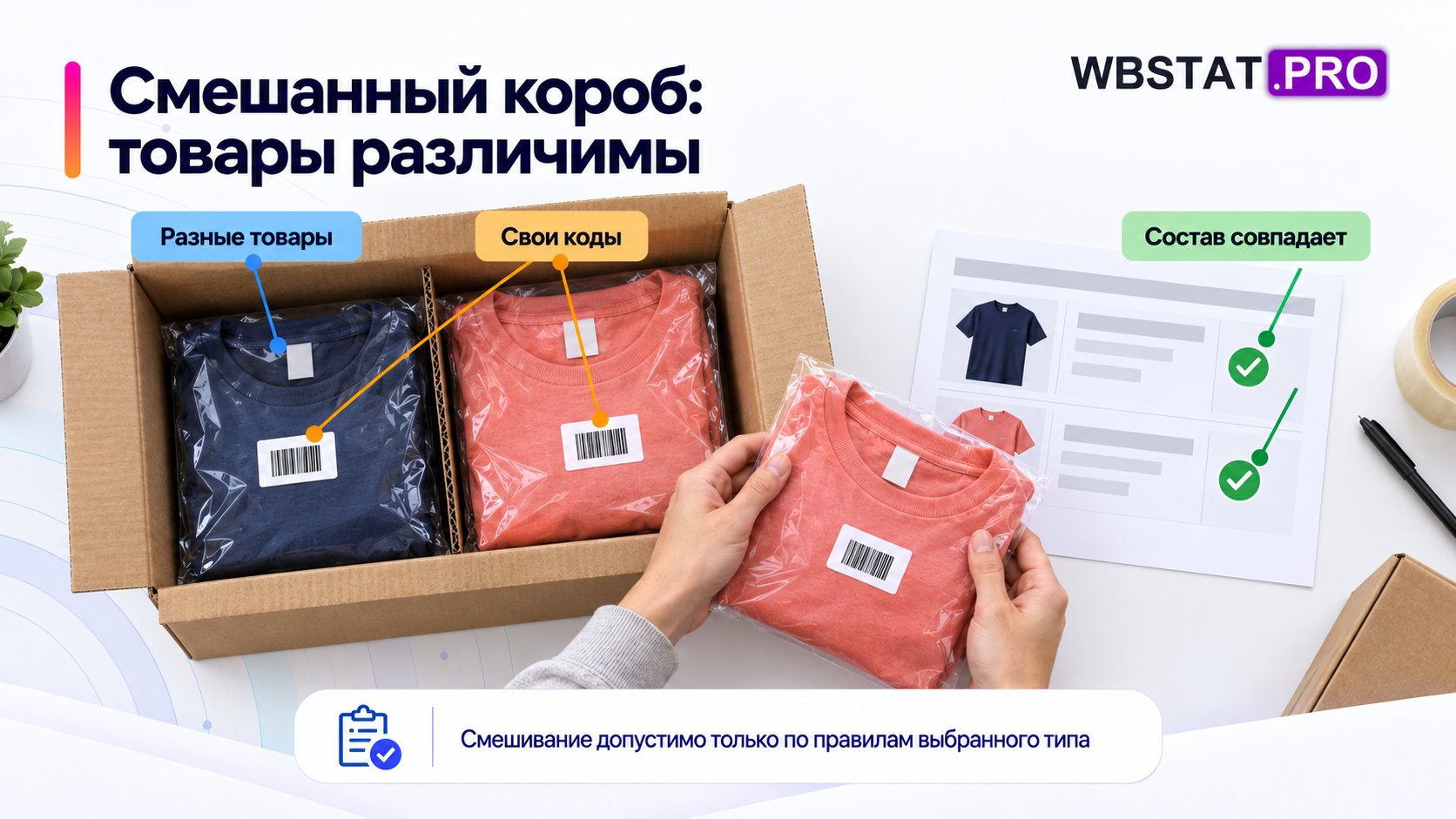 В одном коробе товары должны различаться, иметь свои коды и совпадать с заявленным составом.; Допустимость смешивания зависит от правил выбранного типа поставки.