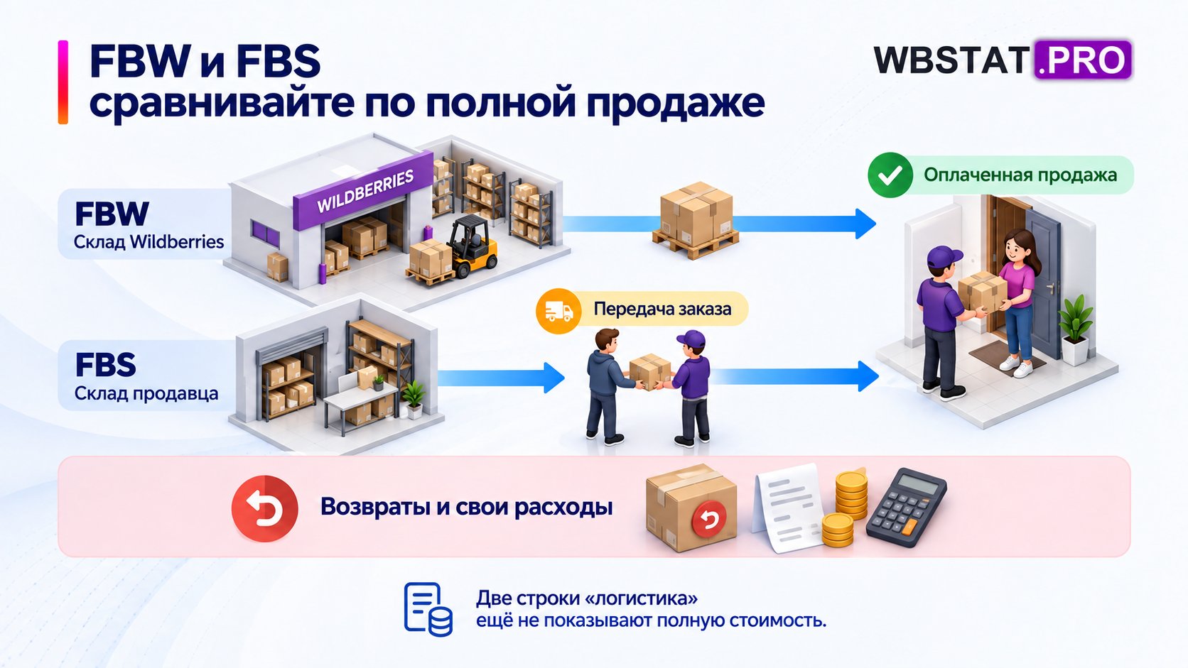 Сравнение FBW и FBS по оплаченной продаже с учётом собственных расходов и возвратов.
