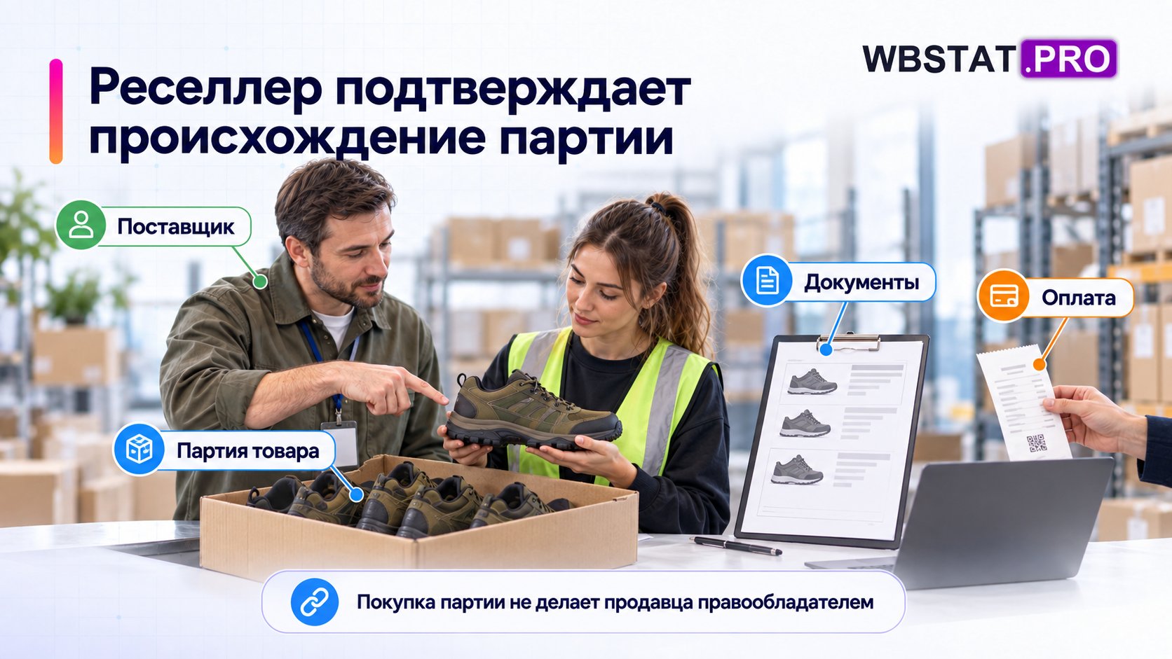 Приёмщик сопоставляет обувь из поставки, документы и оплату.