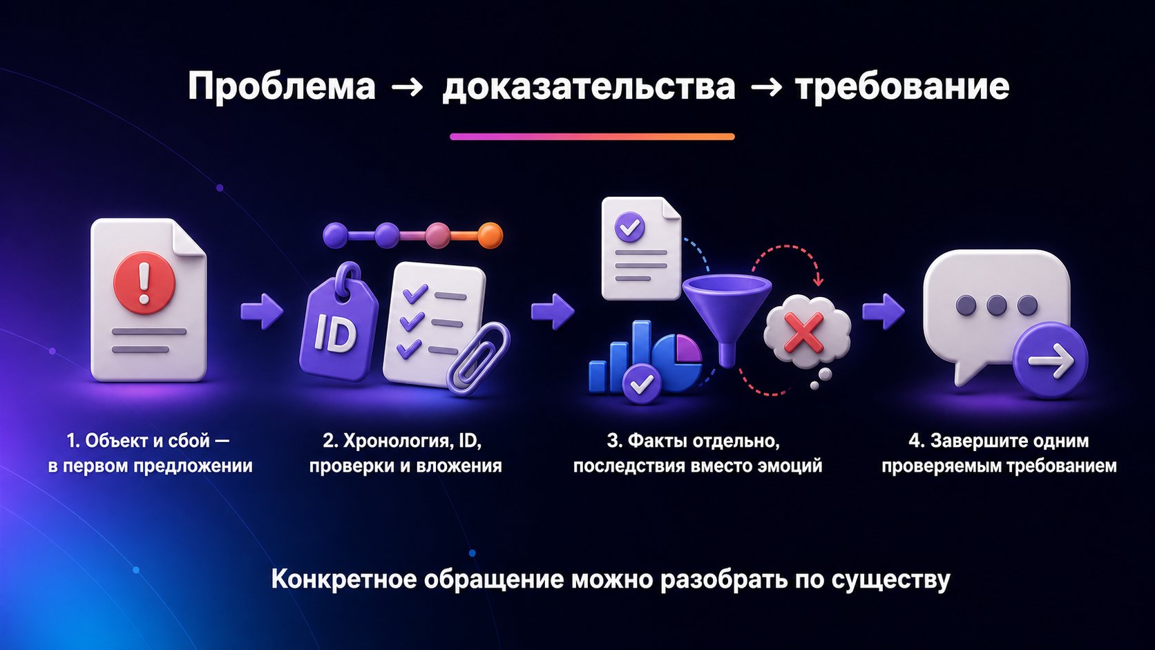 Как правильно описать проблему в обращении Wildberries — Назовите объект и сбой, подтвердите их хронологией и файлами, завершите одним проверяемым требованием.