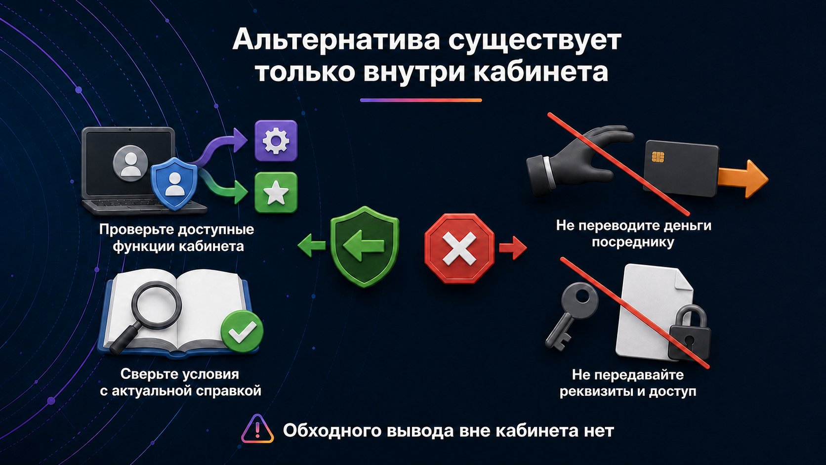 Есть ли альтернативные способы вывода денег с Wildberries — Используйте только официальные функции кабинета; посредник, чужой счёт и передача доступа не являются способом вывода.