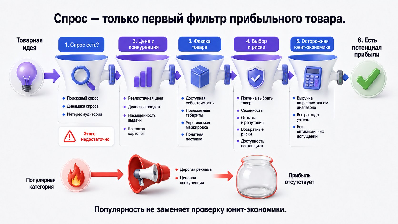 Как выбрать товар с потенциалом прибыли — Выбирайте товар не по спросу одному, а по возможности сохранить прибыль после конкуренции; все условия проверяйте осторожными значениями в юнит-экономике.