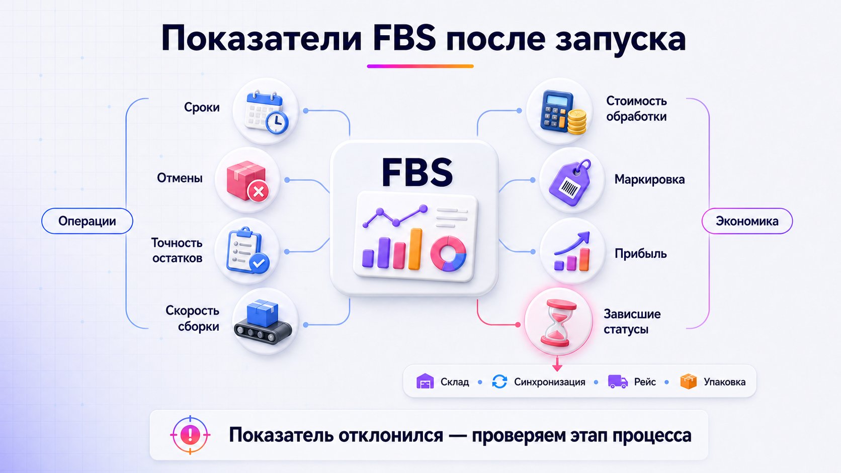 Какие показатели контролировать после запуска FBS — Контролируют сроки, отмены, точность остатков, скорость сборки, стоимость обработки, маркировку, прибыль и зависшие статусы.