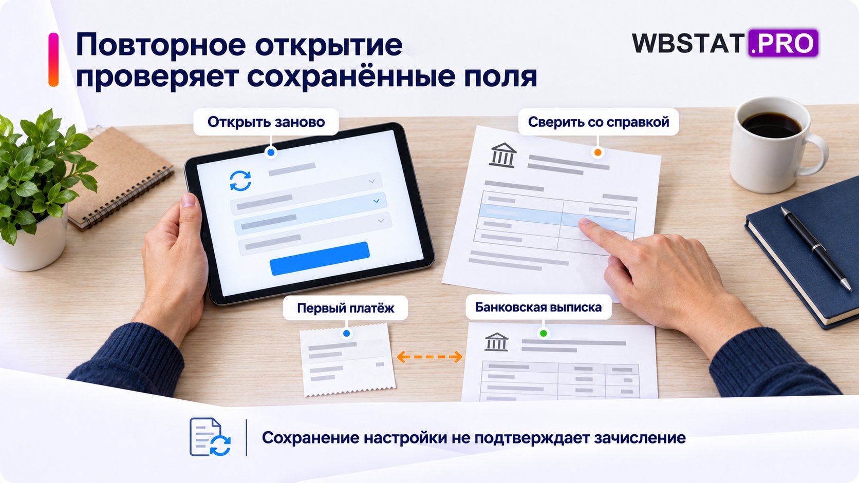 Руки сверяют сохранённые поля, первый платёж проверяют отдельно.