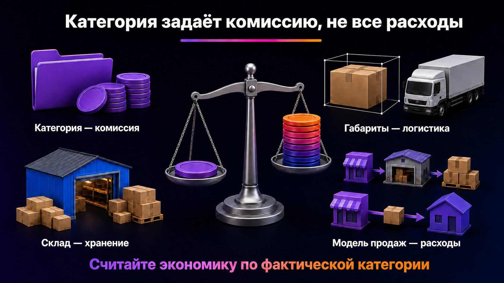 Как категория влияет на комиссию и расходы Wildberries — Комиссия зависит от категории, а логистика и хранение дополнительно зависят от габаритов, склада и модели продаж.