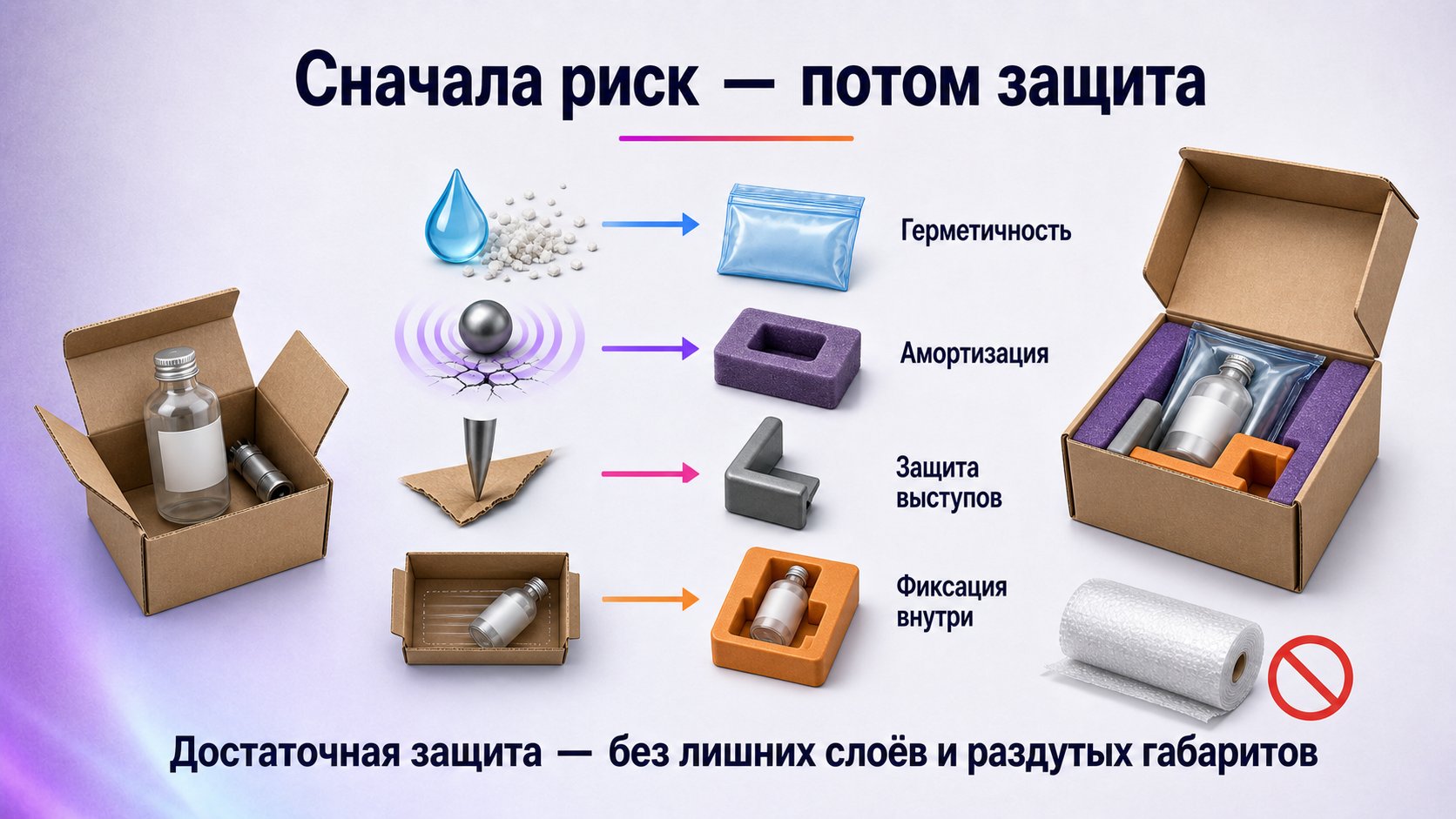 Как выбрать упаковку по свойствам товара, а не только по категории — Выбирайте упаковку по физическим рискам товара и добавляйте только те слои, которые эти риски закрывают.