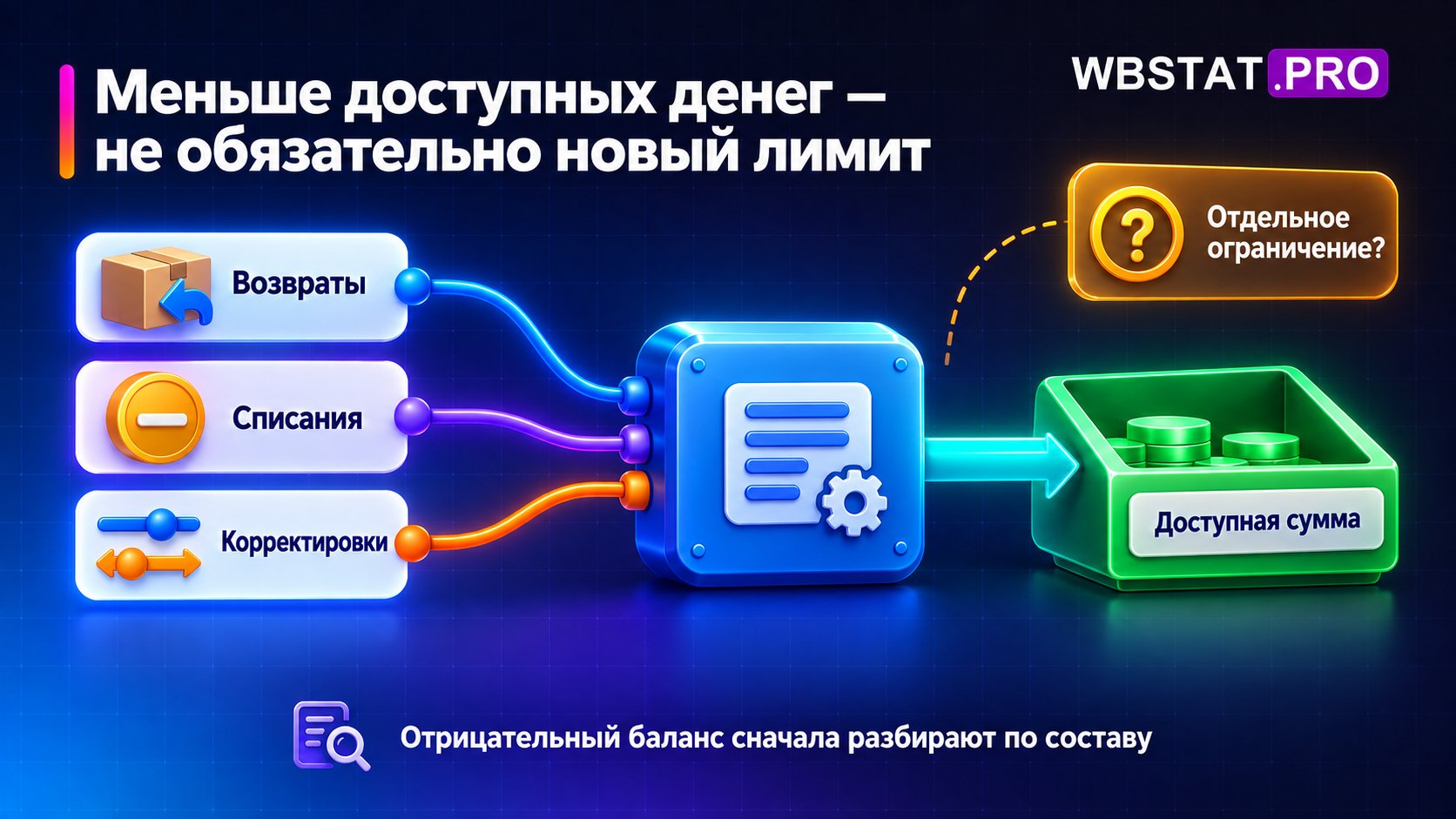 Возвраты, списания и корректировки влияют на доступную сумму, отдельный лимит требует подтверждения.