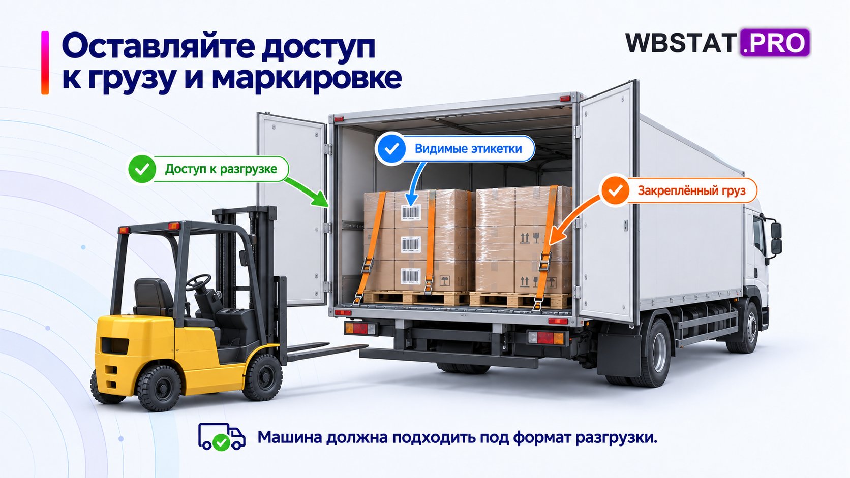 Кузов с доступом для разгрузки, видимыми этикетками и закреплёнными паллетами.
