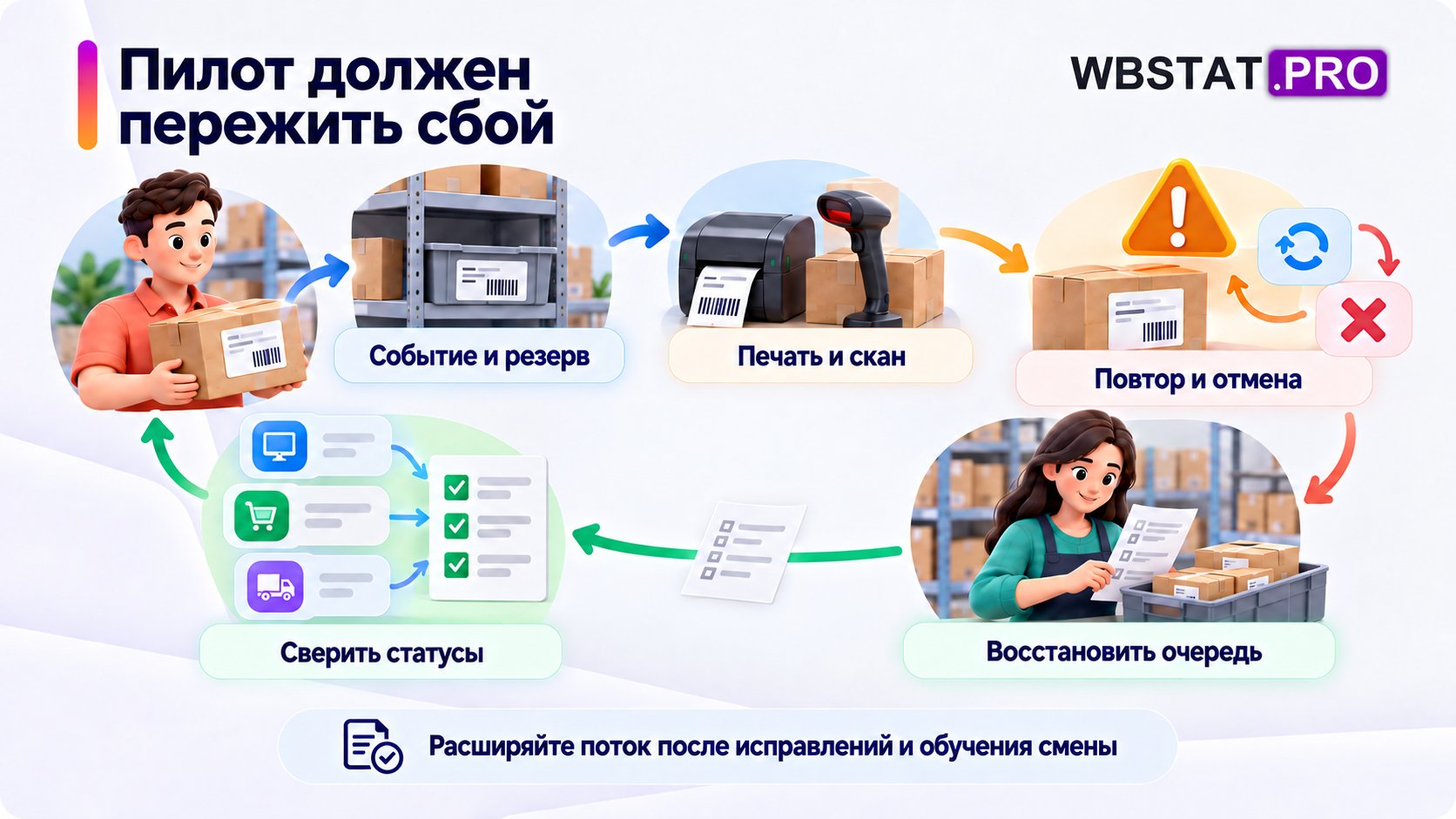 Пилот проверяет весь путь, включая повтор, отмену и восстановление после сбоя.; Один успешный заказ не доказывает готовность; нужны согласованные финальные статусы и обученная смена.