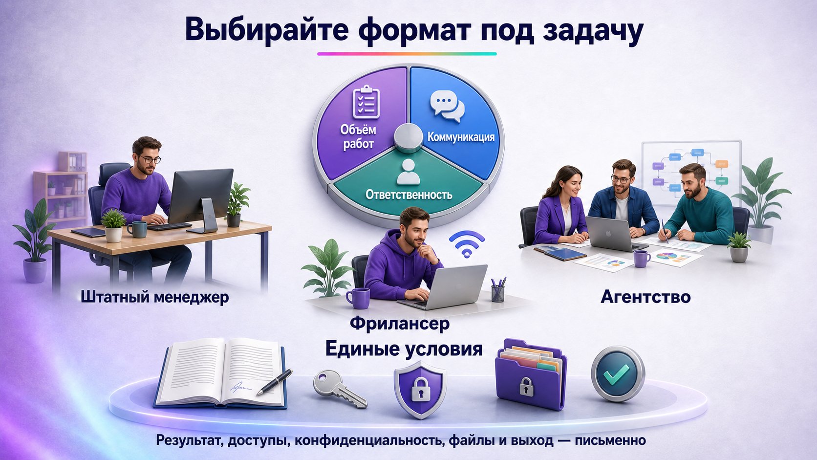 Кого выбрать: штатного менеджера, фрилансера или агентство — Сопоставьте объём работ, коммуникацию и ответственность, а единые условия закрепите заранее.