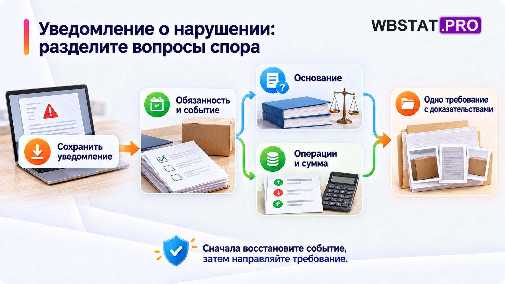 Уведомление о нарушении: разделите вопросы спора. Сначала восстановите событие, затем направляйте требование.