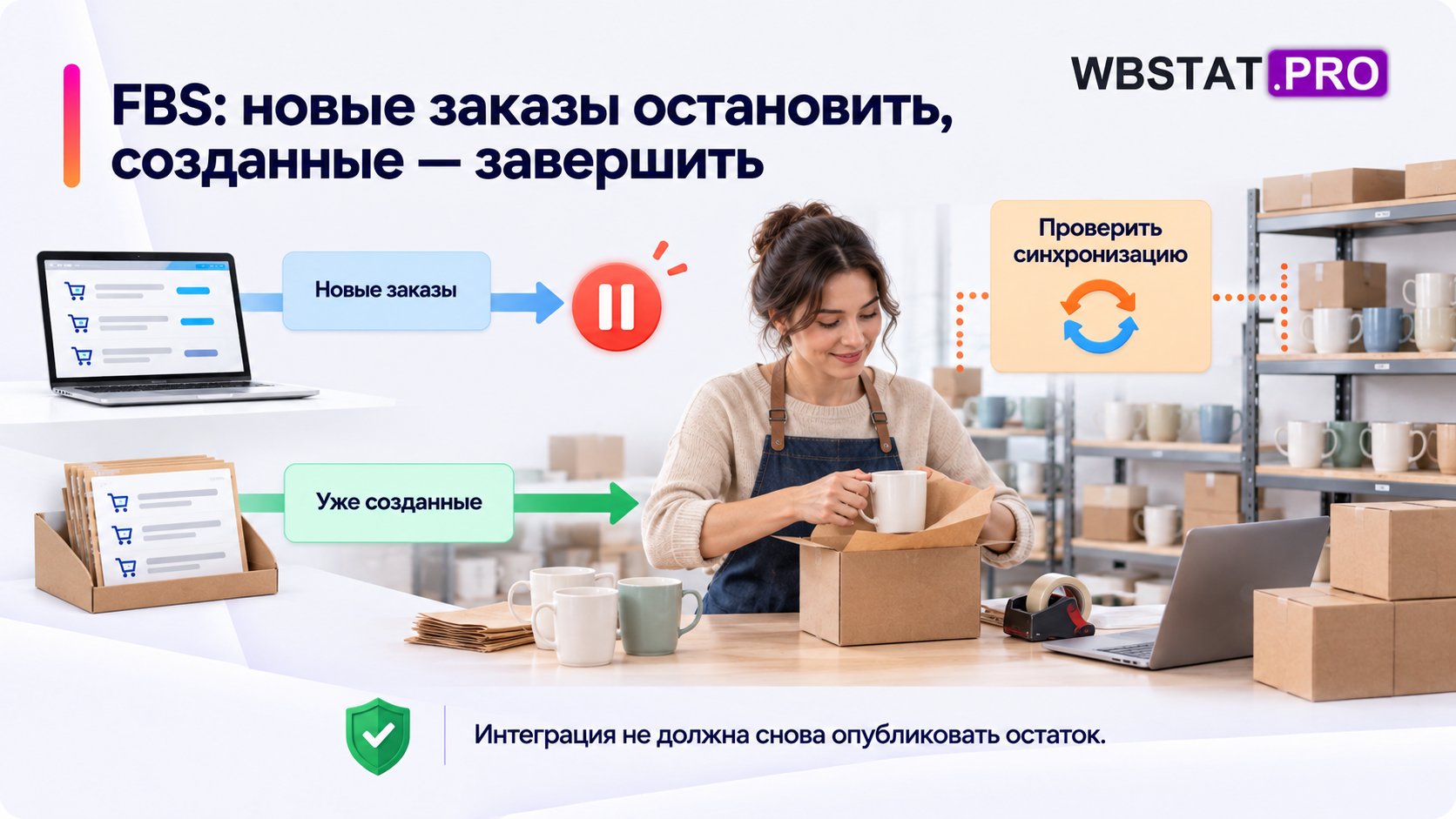 FBS: новые заказы остановить, созданные — завершить Интеграция не должна снова опубликовать остаток.