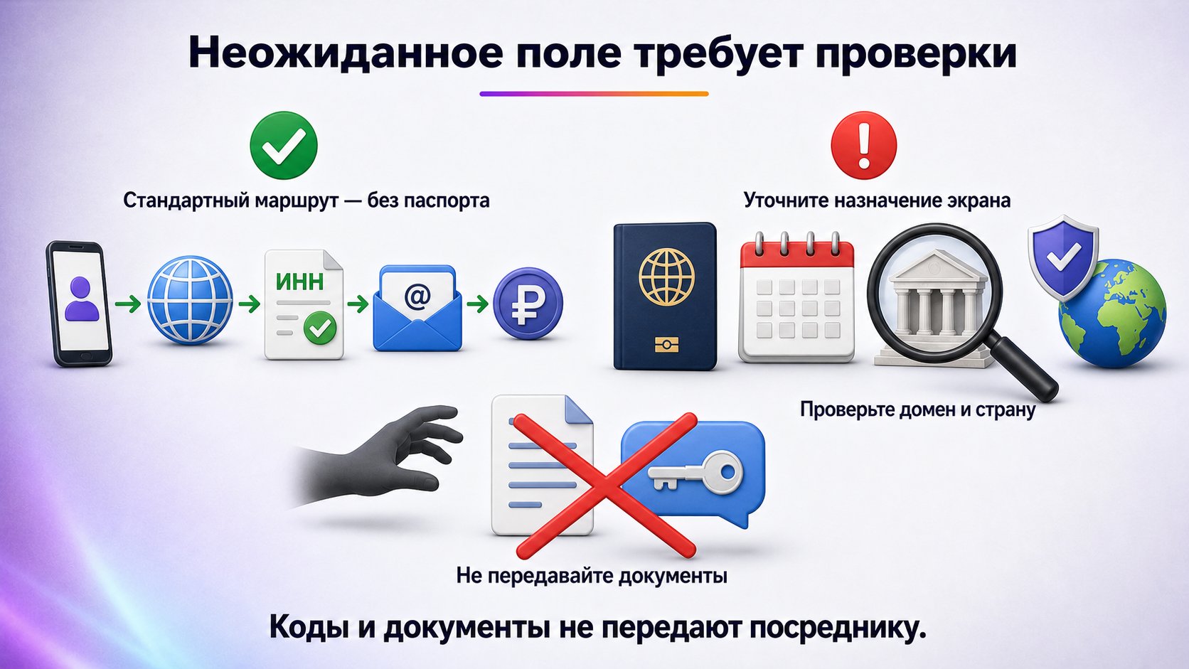 Почему форма просит паспорт, дату рождения или юридический адрес — Паспорт, дата рождения и ручной адрес не относятся к стандартному российскому маршруту; проверьте домен, страну и назначение экрана.