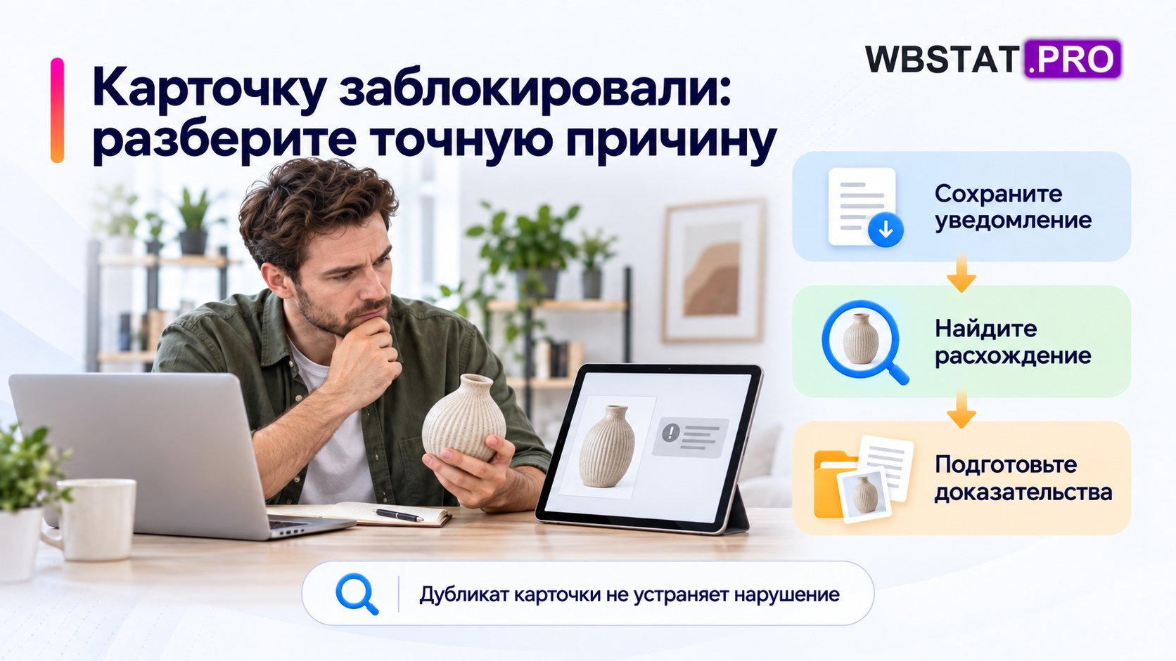 Три шага показывают разбор причины блокировки и подготовку доказательств.