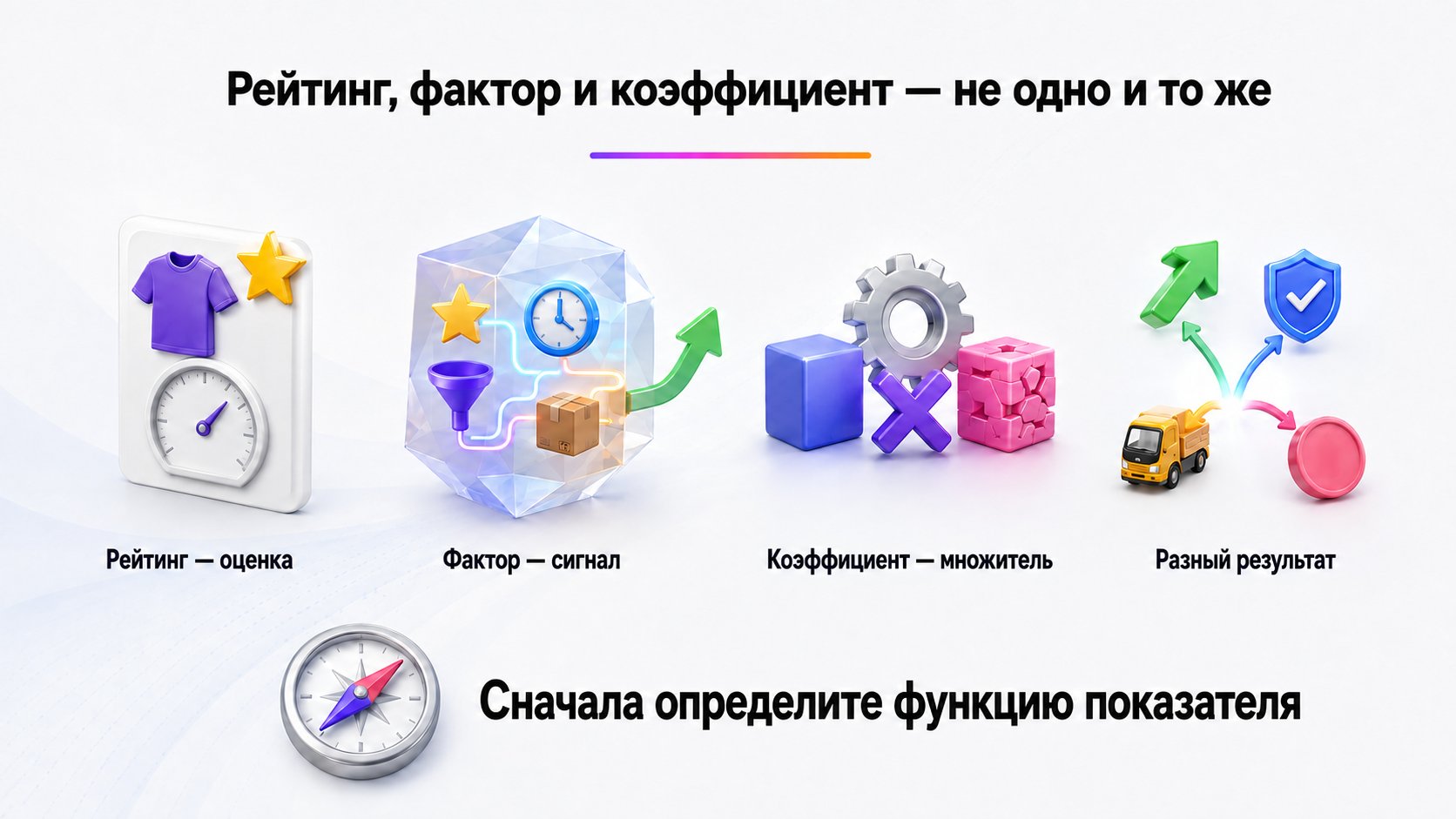 Чем рейтинг, фактор ранжирования и коэффициент отличаются друг от друга — Рейтинг оценивает объект, фактор подаёт сигнал ранжированию, а коэффициент меняет вес или результат конкретного расчёта.