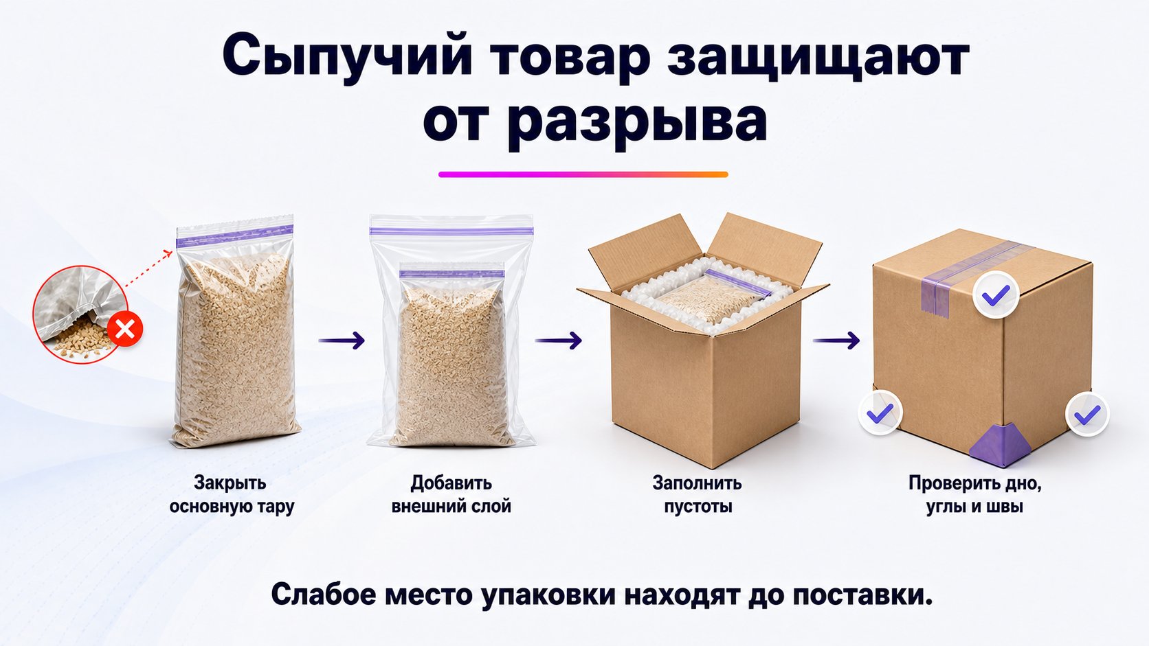 Как защитить сыпучие товары от просыпания — Закройте основную тару, добавьте прочный герметичный внешний слой, заполните пустоты и проверьте дно, углы и швы.