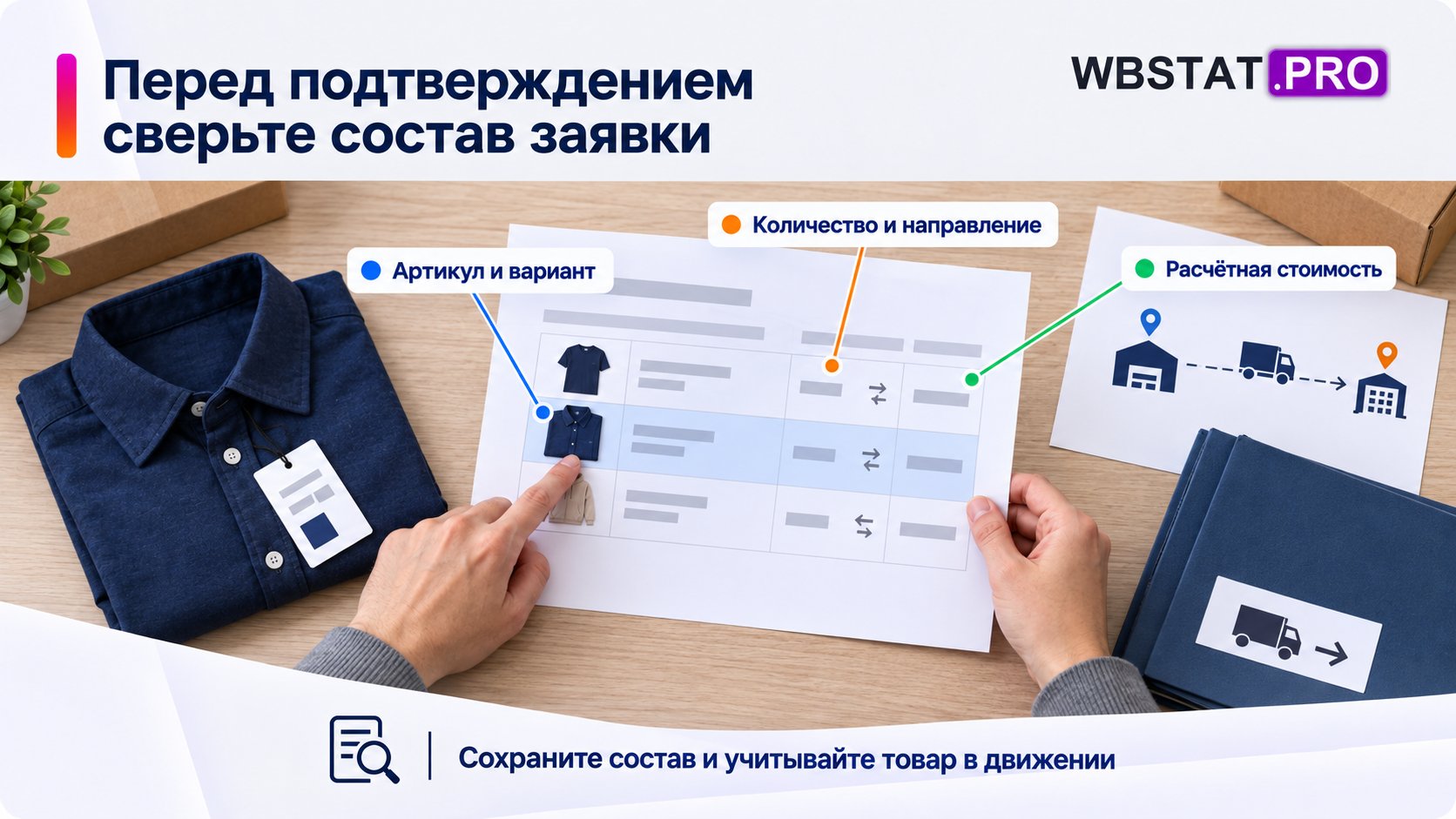 Руки проверяют состав заявки, вариант, направление и стоимость.