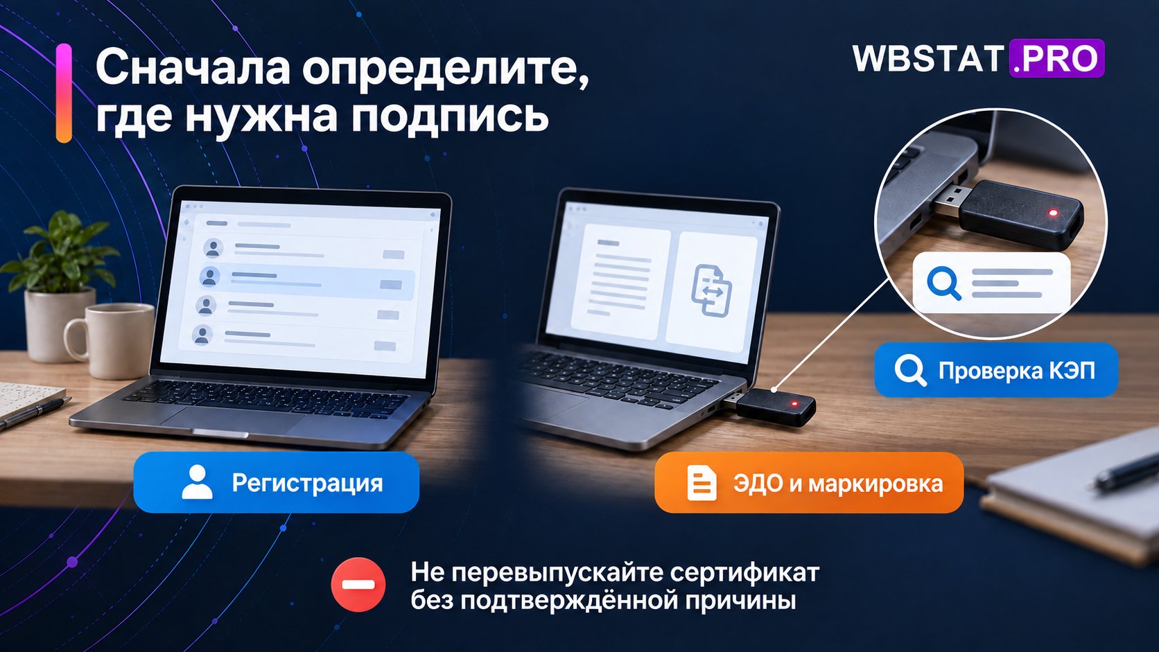 Регистрация отделена от операции с электронной подписью и её диагностики.