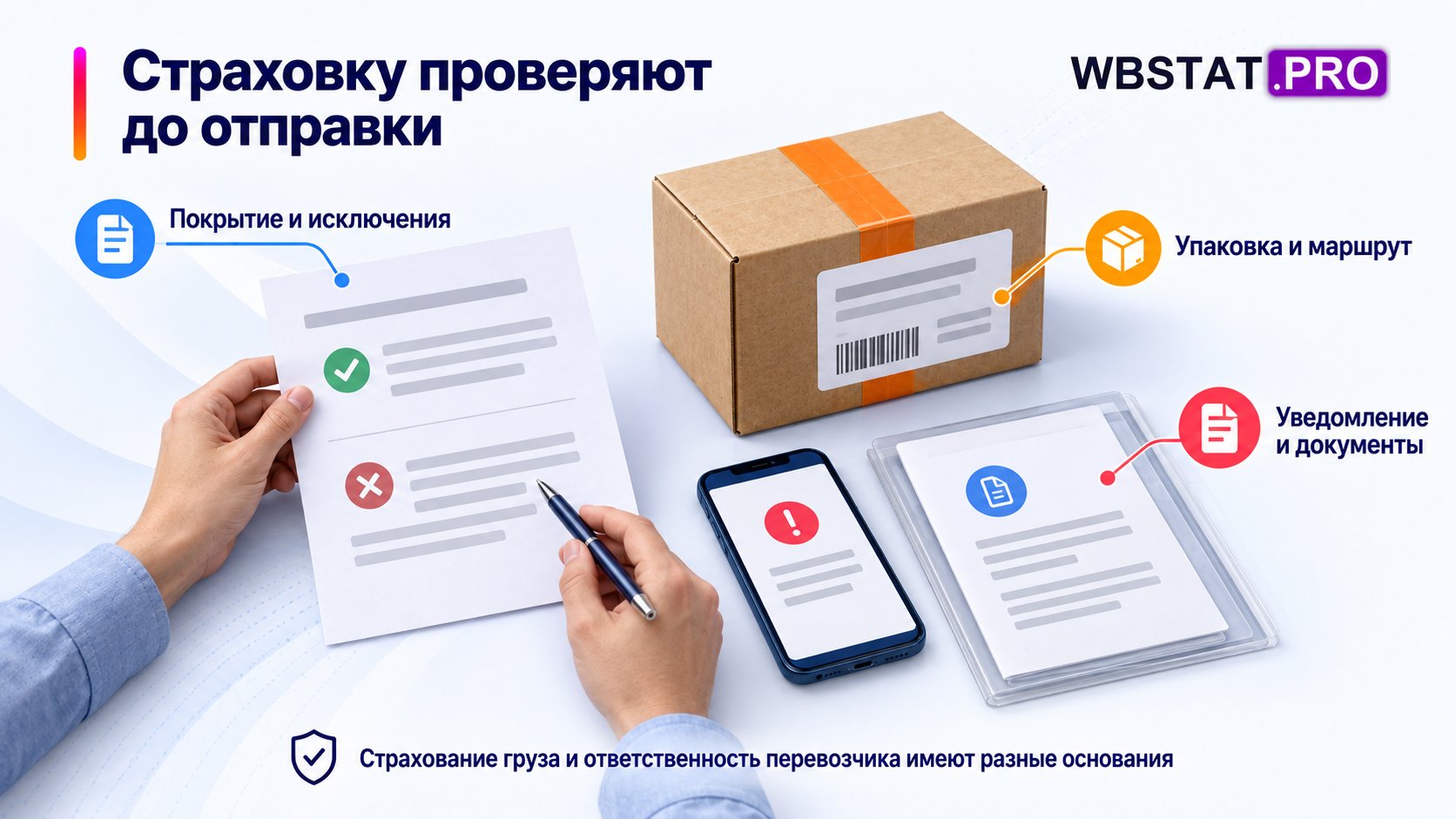До рейса проверяют покрытие, исключения и условия сохранения права на обращение.; Страхование груза, ответственность перевозчика и компенсация площадки не тождественны.