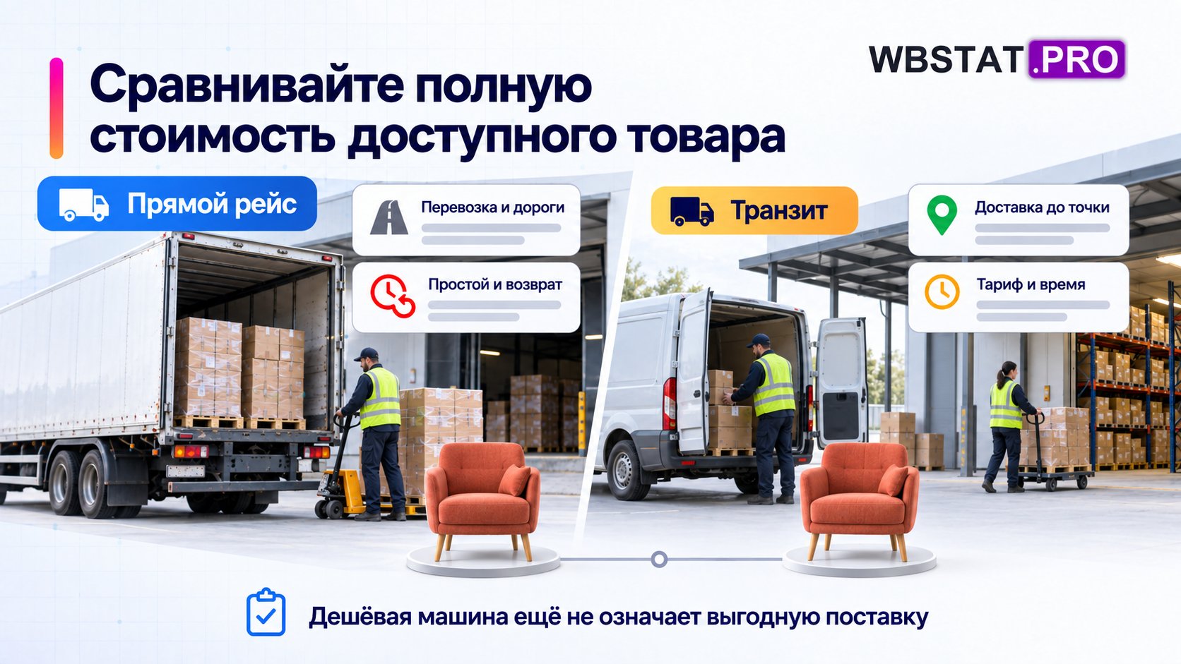 Сравнивать полные сценарии прямой и транзитной поставки.; Цена машины не учитывает ожидание, возврат, транзитное время и доступность товара.