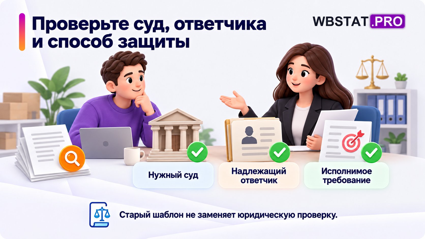Юрист и продавец проверяют суд, ответчика и исполнимость требования.