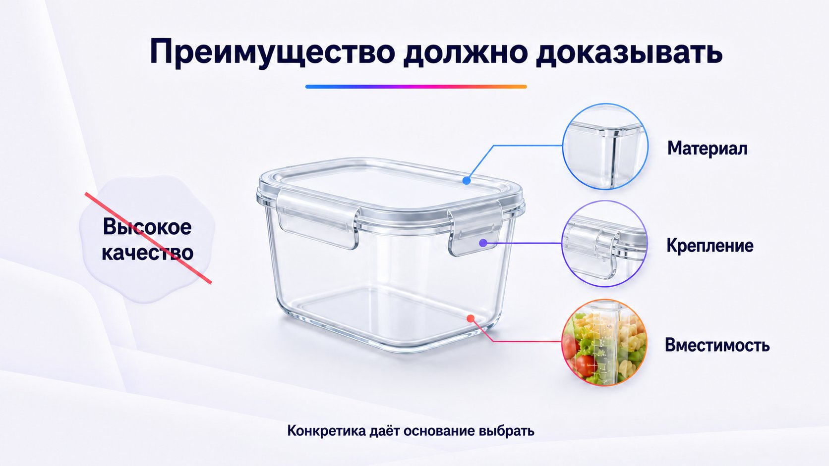 Как выбрать преимущества для инфографики — Преимущество отвечает на практический вопрос и отделяет товар от альтернатив. «Высокое качество» ничего не доказывает; конкретный материал, способ крепления, измеренная вместимость или совместимость дают основание для выбора.