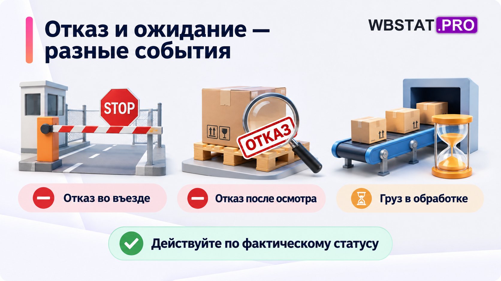 Три разные ситуации: отказ во въезде, отказ после осмотра и груз в обработке.