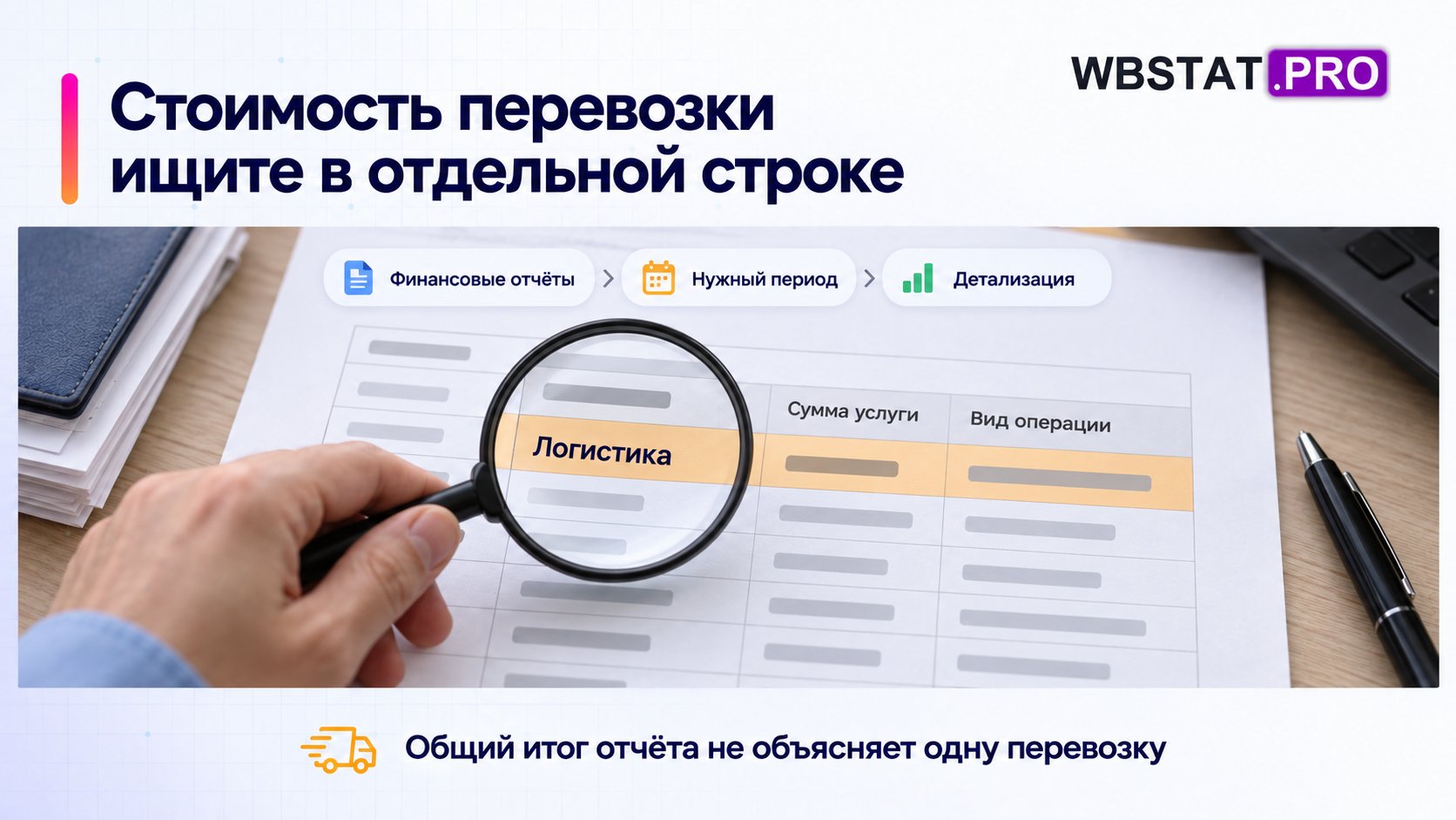 Выделенная строка логистической операции в детализации финансового отчёта.