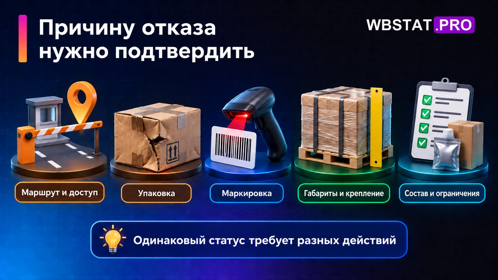 Пять групп причин отказа: маршрут, упаковка, маркировка, габариты с креплением, состав и ограничения.