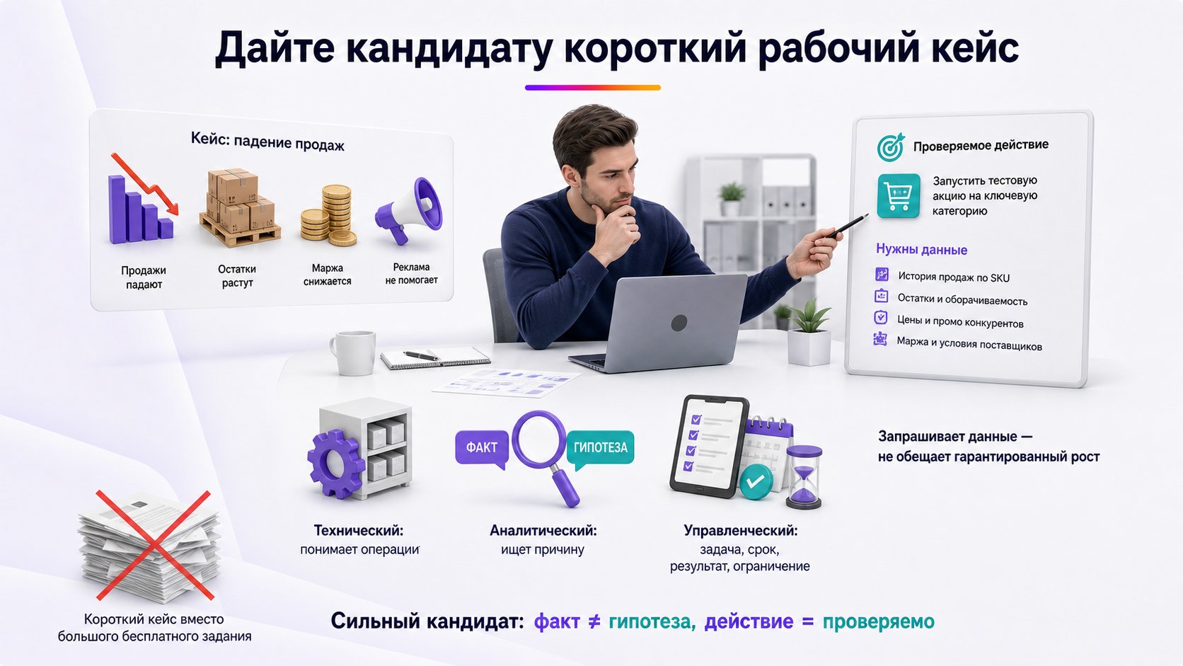 Как оценить кандидата на менеджера Wildberries до найма — Проверяйте кандидата на коротком рабочем кейсе по техническому, аналитическому и управленческому уровням.