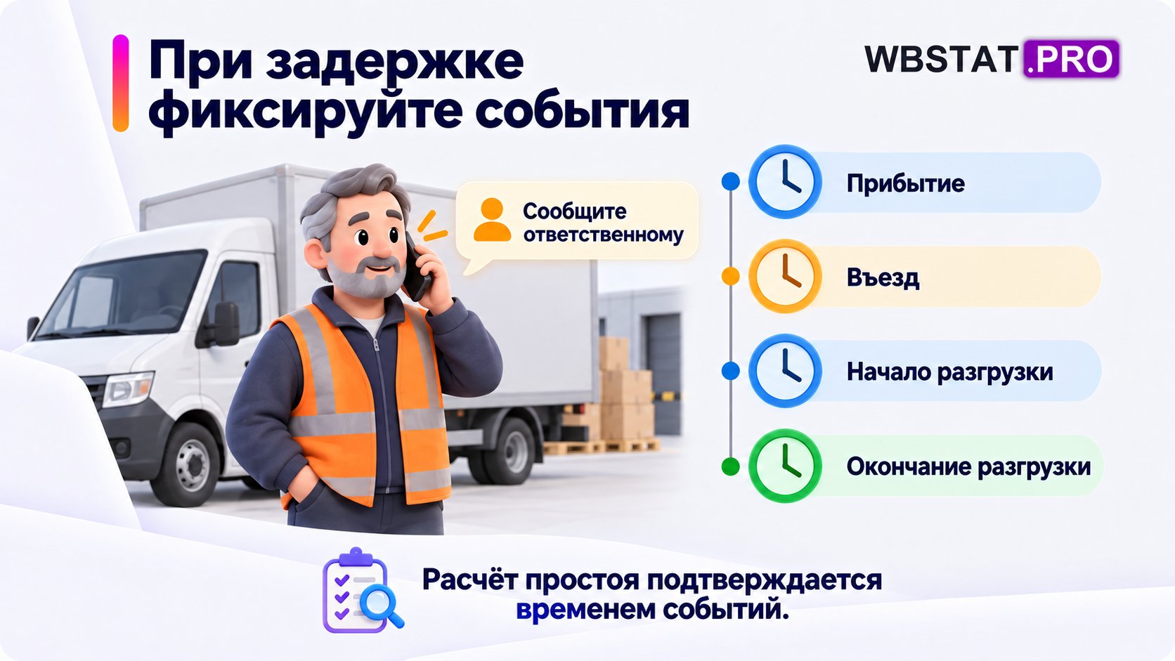 Водитель сообщает о задержке, а время четырёх событий фиксируется для расчёта простоя.