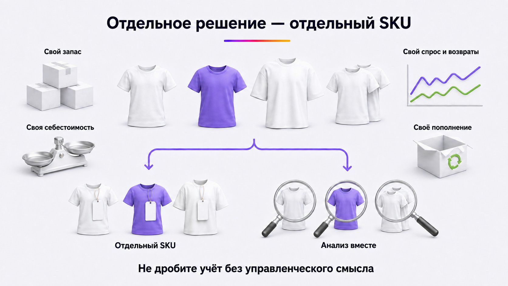 Когда цвет, размер или комплект считать отдельным SKU — Выделяйте вариант в отдельный SKU, если у него свои запас, экономика, спрос, возвраты или решение о пополнении.