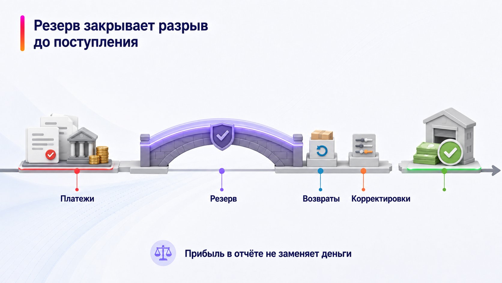 Как рассчитать денежный резерв и избежать кассового разрыва — Резерв закрывает разрыв до поступления; Платежи — Возвраты — Корректировки — Резерв