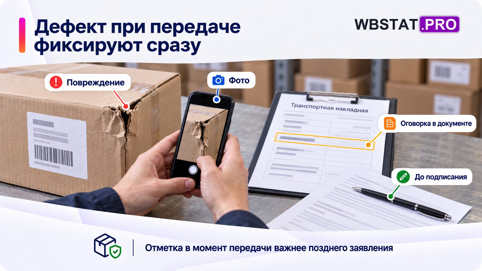 Повреждение упаковки фотографируют и отмечают до подписания передачи.