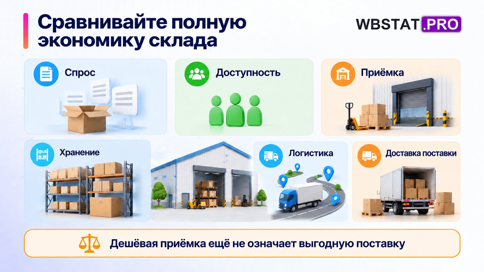 Шесть факторов выбора склада: спрос, доступность покупателю, приёмка, хранение, логистика и доставка поставки.