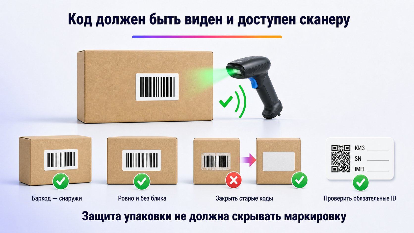 Куда наносить баркод и обязательную маркировку — Размещайте баркод снаружи на ровной небликующей поверхности, не перекрывайте его швом или скотчем, закрывайте старые коды и отдельно проверяйте обязательные идентификаторы.