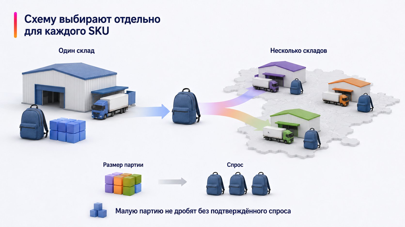 Поставлять товар на один склад Wildberries или распределять по нескольким — Схему выбирают отдельно для каждого SKU; Один склад — Несколько складов — Размер партии — Спрос