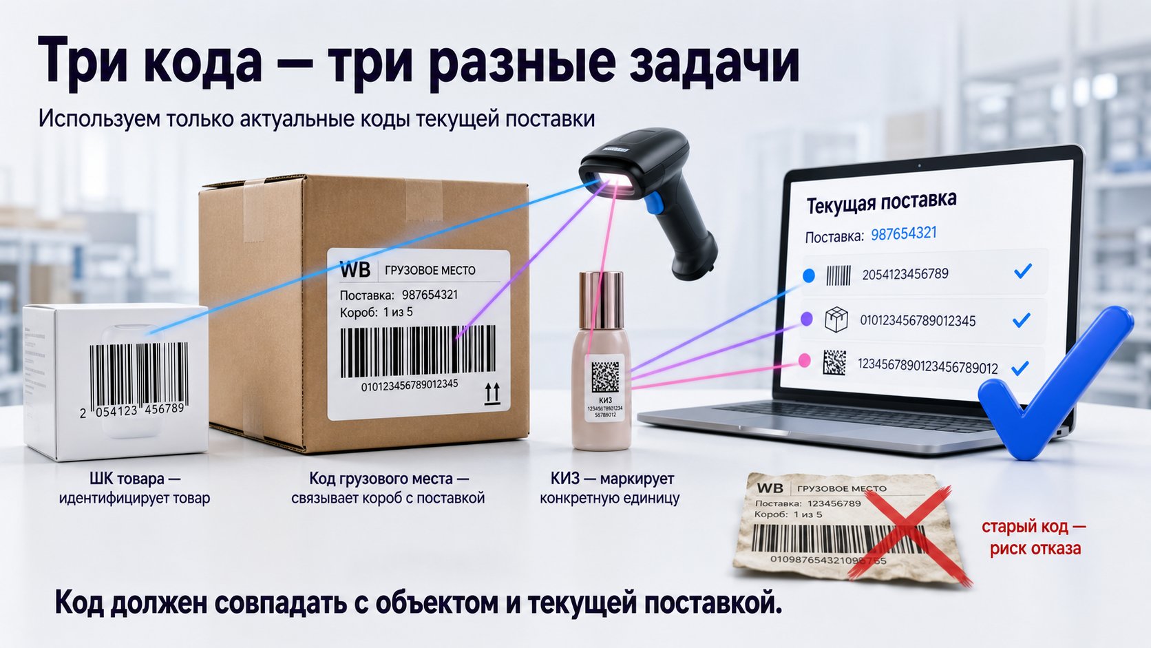 Какие коды и этикетки нужны для поставки Wildberries — Используют актуальные коды текущей поставки; ШК, код грузового места и КИЗ выполняют разные функции.