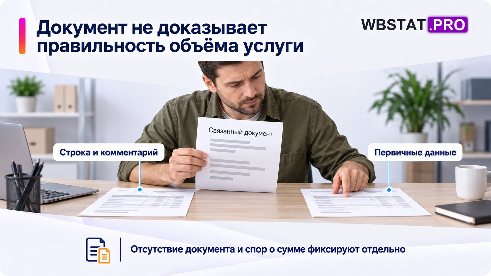 Мужчина сравнивает документ с первичными данными услуги.