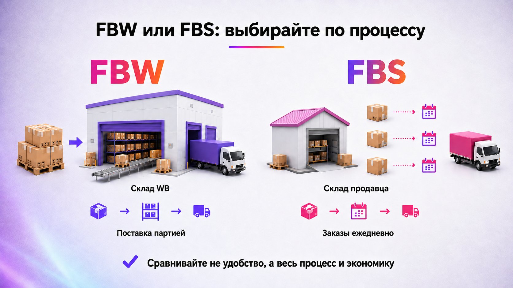 Как выбрать модель продаж Wildberries — FBW подходит для прогнозируемого спроса и партий на складе площадки, FBS — для контроля остатка и ежедневной обработки заказов продавцом.